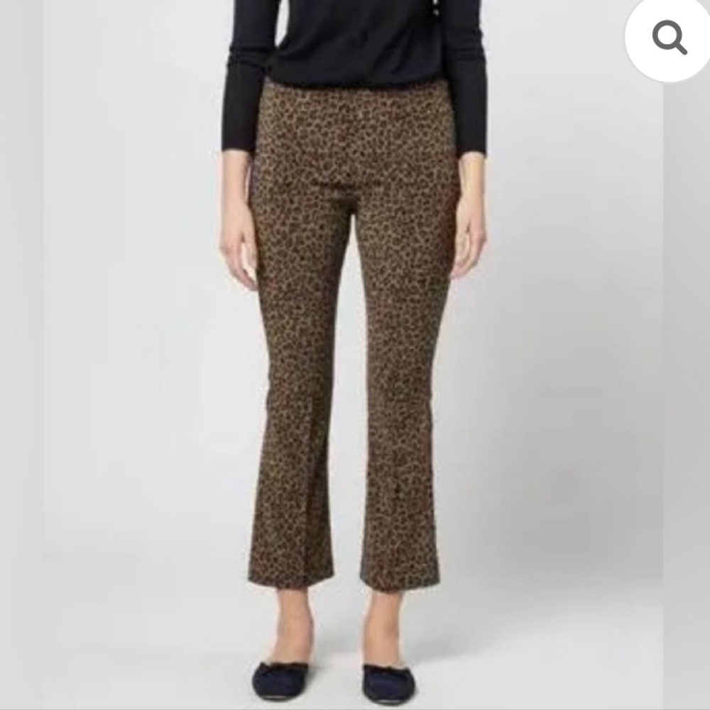 ANN MASHBURN Faye Flare Cropped Pull On Pant Olive Leopard Large Classic New
